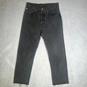 Levis 501 Jeans Womens 26 Black Buttony Fly Faded Straight Leg Raw Hem Denim